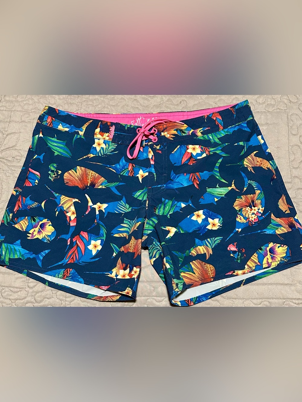 Salt Life Navy Tropical Floral Swim Shorts with Pink Drawstring